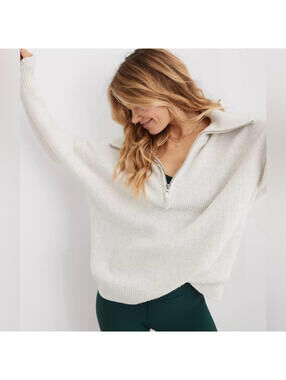 Aerie CozyUp Waffle Quarter Zip Sweater Heather Gray Oversized Lounge Core